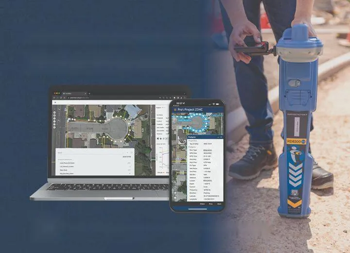 PointMan on laptop and phone with a Radiodetection RD8200SG receiver in the field