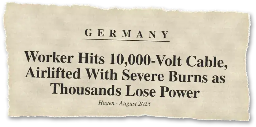 News headline: Germany: A worker hit a 10,000-volt cable, suffered severe burns and thousands lost power.