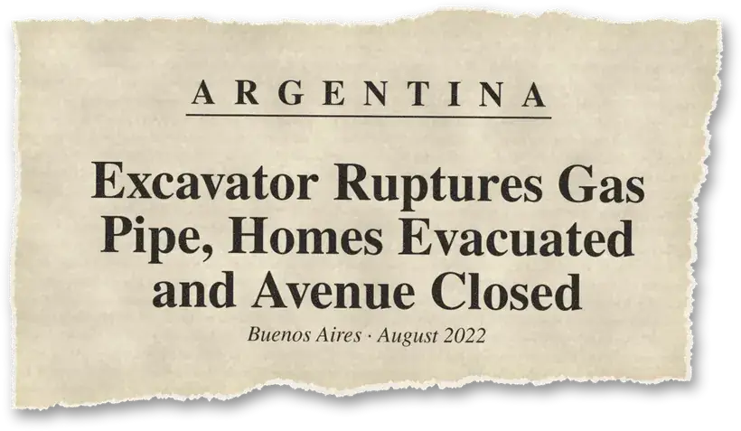 News headline: Argentina: An excavator ruptured a gas pipe in Retiro; homes and businesses were evacuated and streets closed.