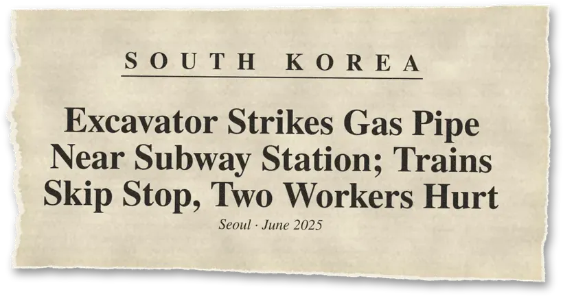 News headline: South Korea: An excavator struck a city gas pipe; trains skipped the station for three hours and two workers were hurt.