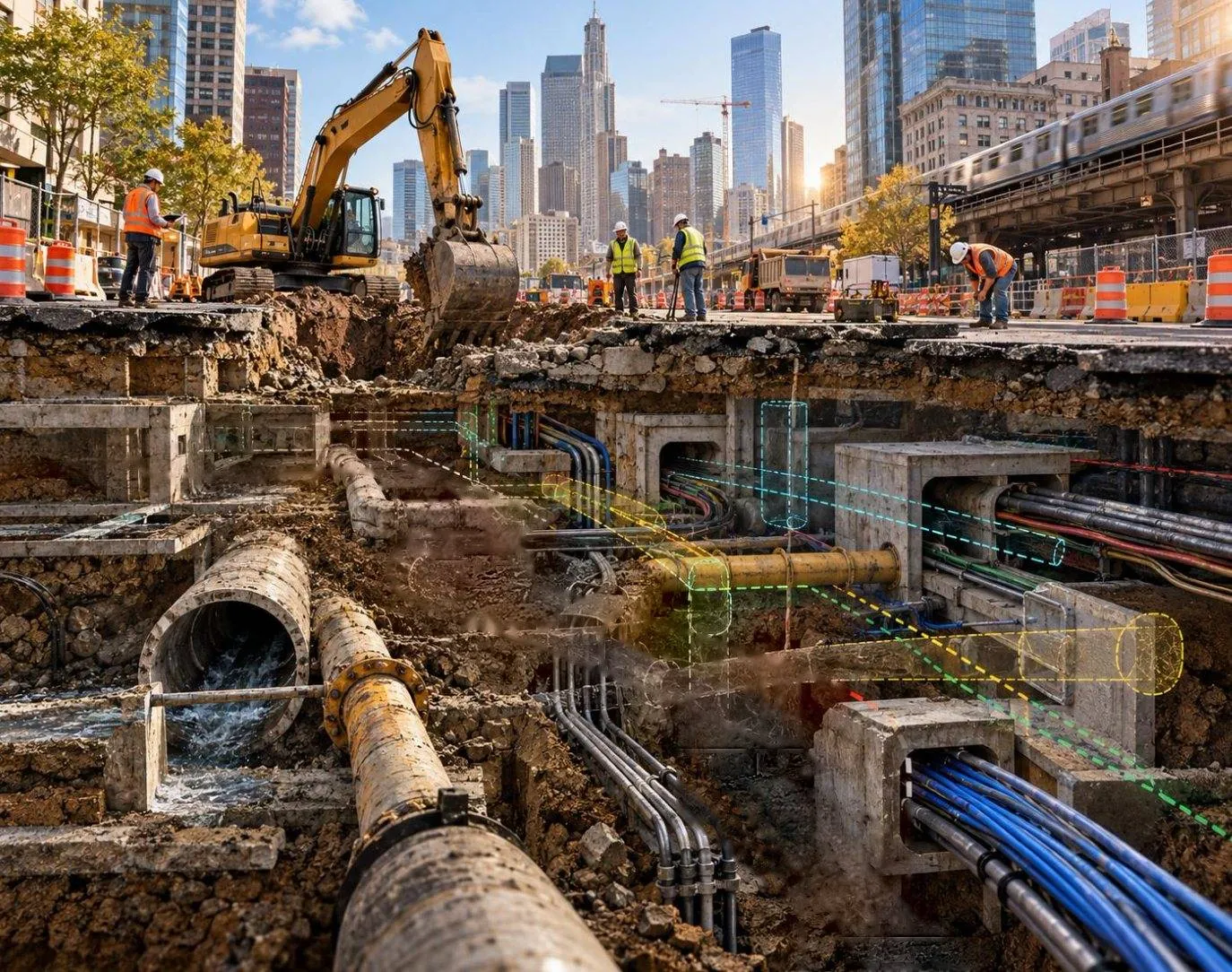 City street excavation revealing buried pipes and cables, with their mapped locations traced in colour
