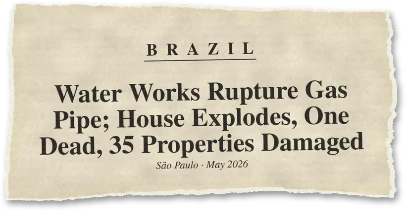 News headline: Brazil: Water-line works ruptured a gas pipe; a house exploded, one person died and 35 properties were damaged.