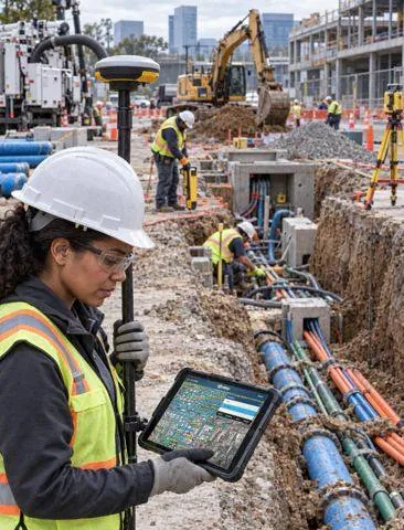 Surveyor holding a GNSS pole and a tablet running PointMan beside a utility trench