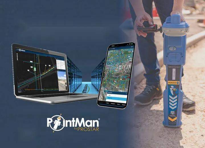 PointMan on laptop and phone with a Radiodetection RD8200SG receiver in the field
