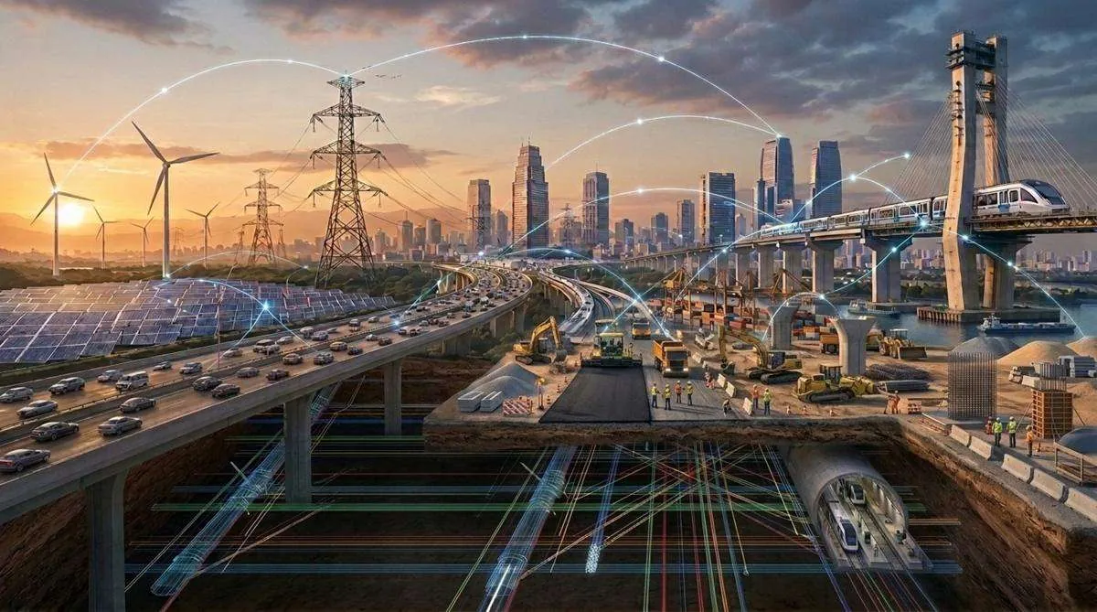 Connected transportation, energy and underground infrastructure in a modern city.