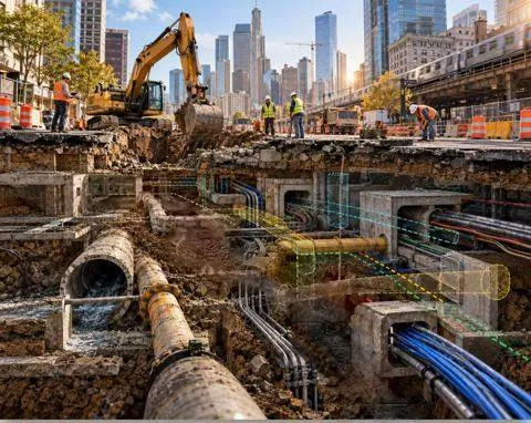 City excavation with buried pipes and cables and their mapped locations
